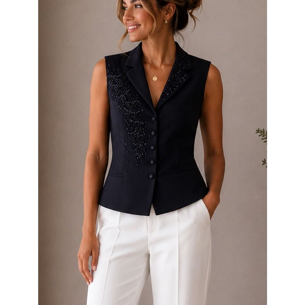 Maria Grazia Severi Women’s Sleeveless Blazer Vest Black Beaded size 42